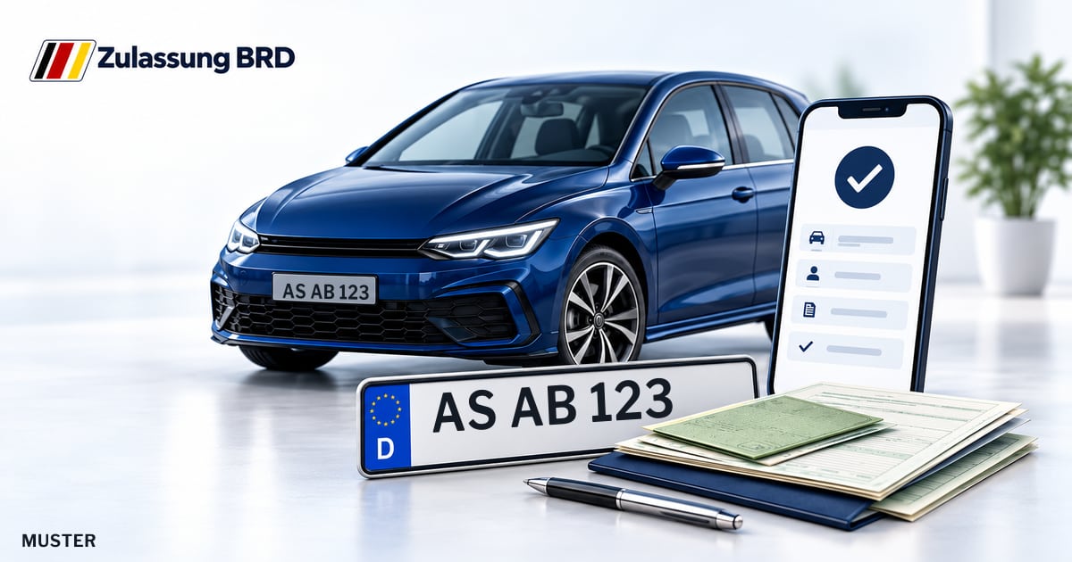 Online Fahrzeugzulassung in Landkreis Amberg-Sulzbach: Musterkennzeichen AS AB 123, Auto und Fahrzeugpapiere und Smartphone. Illustration mit Logo von Zulassung BRD.
